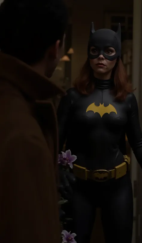 Dramatic lighting, dark shadows, technicolor film still, Waist level shot, cowboy shot, chtistina ricci with dark red hair dressed as Batgirl, she is in crystal clear focus, wearing a dark charcoal gray rubber bodysuit, batgirl symbol on the chest, wearing...