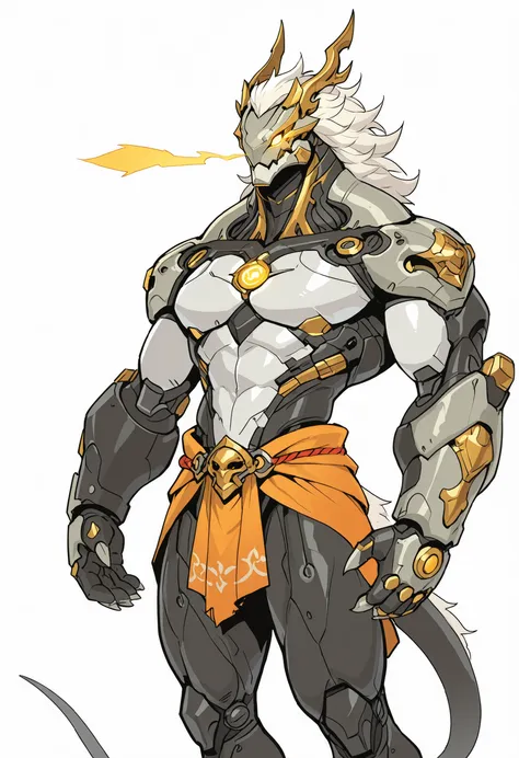 masterpiece, best quality, amazing quality, very aesthetic, 1 boy, dnd warforged, anthro, Banyue, fantasy, mechanical imitation of muscles, balanced physique, tail, mechanical detailed face, mechanical body, simple white background, concept sketch, in shad...