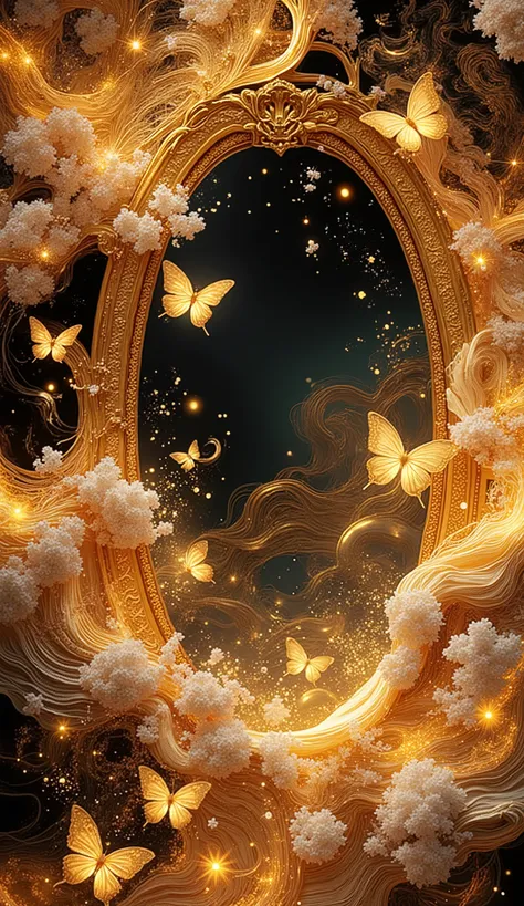 A richly detailed and ornate composition featuring a traditional Japanese mirror decorated with sakura and gold butterflies, layered with overlapping chiyogami paper patterns, shimmering waves, glowing ribbons, and floating sparkles, full-frame layout, no ...