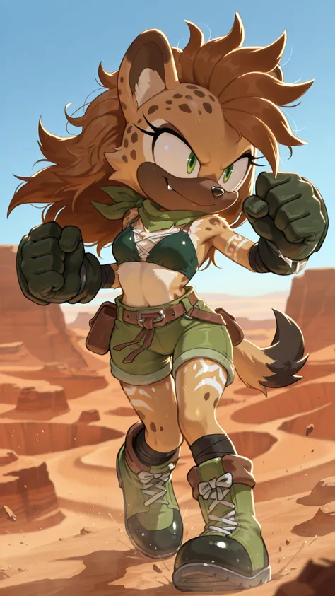masterpiece, best quality, amazing quality, very aesthetic, high resolution, ultra-detailed, absurdres, newest, scenery, furry, anthro, sonic \(series\), 1girl, female furry, hyena, brown messy hair, long hair, green scarf, green bikini top, green eyes, gr...