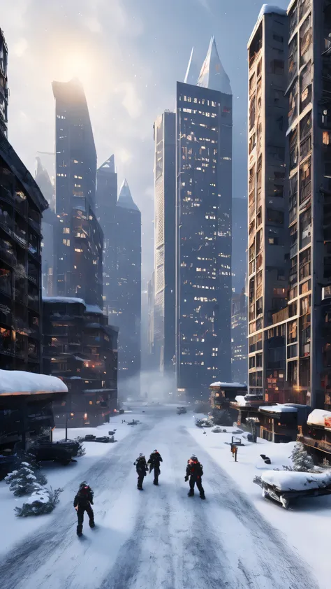 Female routine character, mainly waist-up but full-body allowed. Snow survival-game environment in future city 3050, with blizzard, frost, snow mist, and ice shards. Multi-cut composition: ice pillars, snow crystals, and metallic debris in the front; holog...