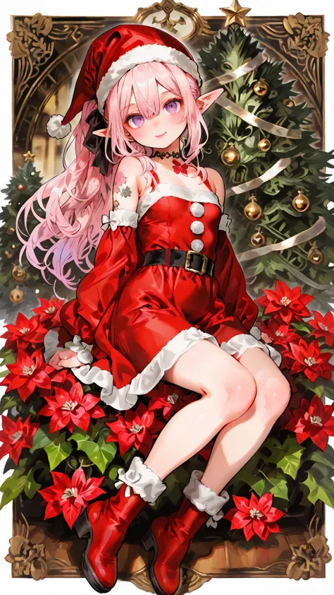 Artistically drawn、Stunning portrait of a beautiful woman with careful attention to detail。20 years old、Winter trend 、Santa Claus Outfit、Santa Claus hat、上品なpink hairの少女。(petite girl、Full Body、pink hair、long hair、One ponytail、hair between eyebrows、Elf Ears、...