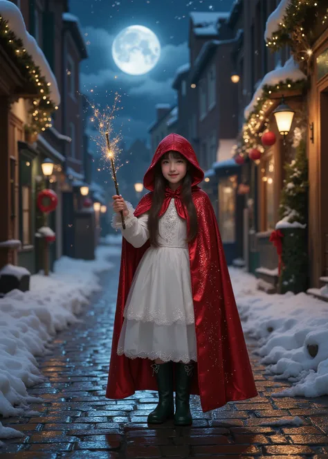 Moonlit Night、dark sky、Cute 7 year old、wearing a white gothic dress、Wear a red cloak and hood、sparkly sequins on the cloak、A narrow alley in Europe piled up with thin snow, Wet and reflective cobblestones、wear dark green boots、Christmas mood、With a smile、（...