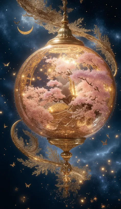 A glowing sphere with layered cherry blossoms inside, surrounded by golden crescent moons, butterflies, glittering particles, and traditional Japanese patterns, floating in a magical night sky with indigo and navy tones, full-frame fantasy composition