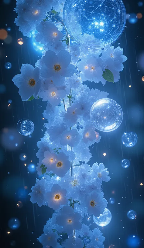A soft glowing cluster of hydrangea flowers with translucent petals, surrounded by floating orbs, blue crystals, water rings and softly falling lights, set in a magical Japanese scene inspired by summer rain and moonlight