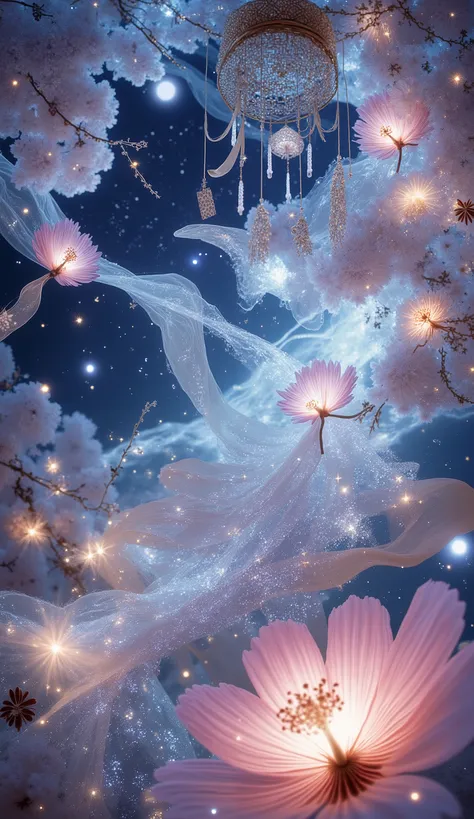 A fantasy Japanese summer scene with pastel-colored dianthus (nadeshiko) flowers surrounded by sparkling wind chimes, softly glowing stars, delicate ribbons, and traditional fan patterns, all floating in a night breeze under moonlight