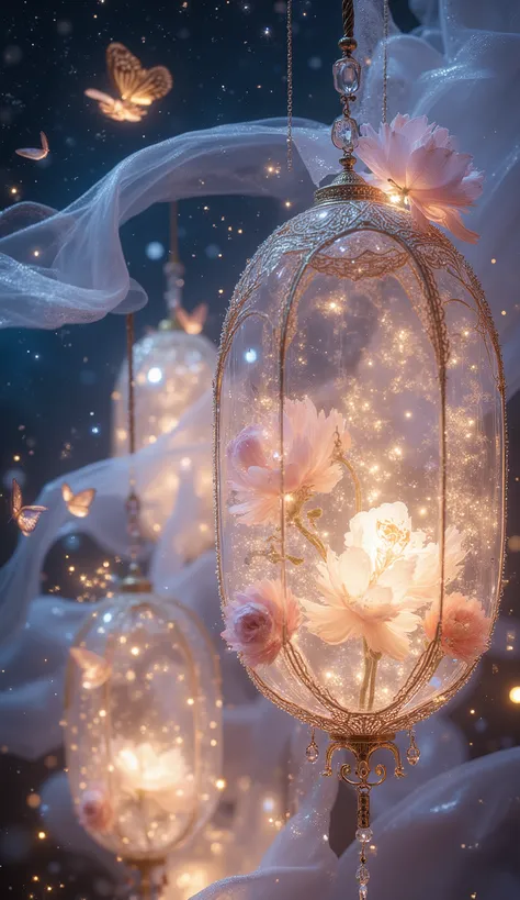 A magical Japanese-inspired scene featuring pastel-colored flowers blooming within glowing silk cocoons, surrounded by translucent butterflies, soft golden light trails, crystal droplets, and hanging charms, layered over a deep indigo night sky filled with...