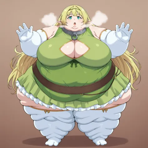 sheragreenwood, shera greenwood, long hair, blonde hair, large breasts, very long hair, hairband, pointy ears, elf, aqua eyes, thighhighs, gloves, dress, cleavage, elbow gloves, white gloves, collar, clothing cutout, cleavage cutout, green dress, metal col...