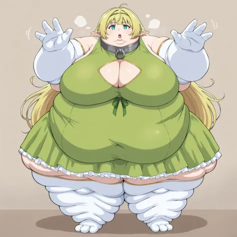 sheragreenwood, shera greenwood, long hair, blonde hair, large breasts, very long hair, hairband, pointy ears, elf, aqua eyes, thighhighs, gloves, dress, cleavage, elbow gloves, white gloves, collar, clothing cutout, cleavage cutout, green dress, metal col...