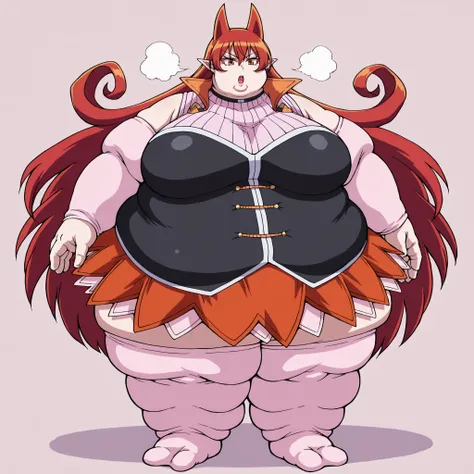 hair horns, curly hair, very long hair, hair between eyes, red hair, orange eyes, pointy ears, colored eyelashes,
black choker, high collar, orange collar, turtleneck shirt, sleeveless shirt, ribbed shirt, pink shirt, black corset, detached sleeves,
minisk...