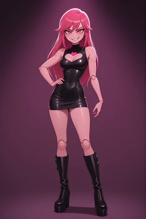 high quality, masterpiece, best quality, slender angular girl with impossibly flexible posture suggesting dancer's joints, toxic pink and black color scheme throughout her appearance, doll-like face with slight contemptuous smirk, large bright red-pink eye...