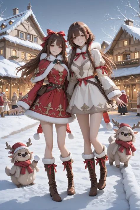detailed background,Two girls facing each other in a snowy field,Focus on Glowing Skin, they're cheering for 2 people by surrounding them with animals,1 has gold trim on a white dress. they're elaborate I'm wearing a Santa Claus fairy costume, the other ha...