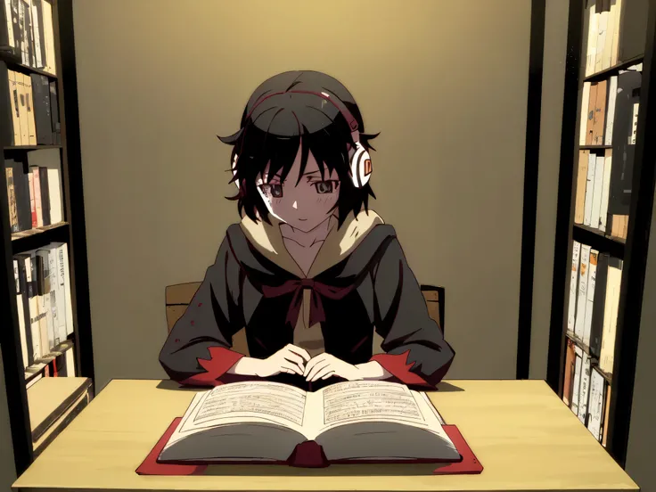 anime style illustration, warm lighting, a stack of short story books on a desk, an open notebook, headphones resting beside it, faint golden sound waves rising from the pages, cozy atmosphere, subtle reference to a vampire girl silhouette and a guillotine...