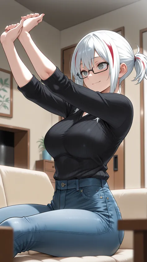 masterpiece, best quality, amazing quality, girl, depth of field, blurry foreground, stretching, white hair, streaked hair, red streaks, multicolored hair, black glasses, grey eyes, short ponytail, black sweater, jeans, shoji door, interior, living room, ...