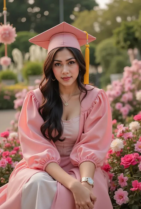 masterpiece, 8k, Highest Quality, detail, high resolution, Digital Photo, ultra detailed, Three-quarter view portrait of a young woman crouching for a photo in front of the university’s flower garden after her graduation ceremony, cap tilted playfully. Her...