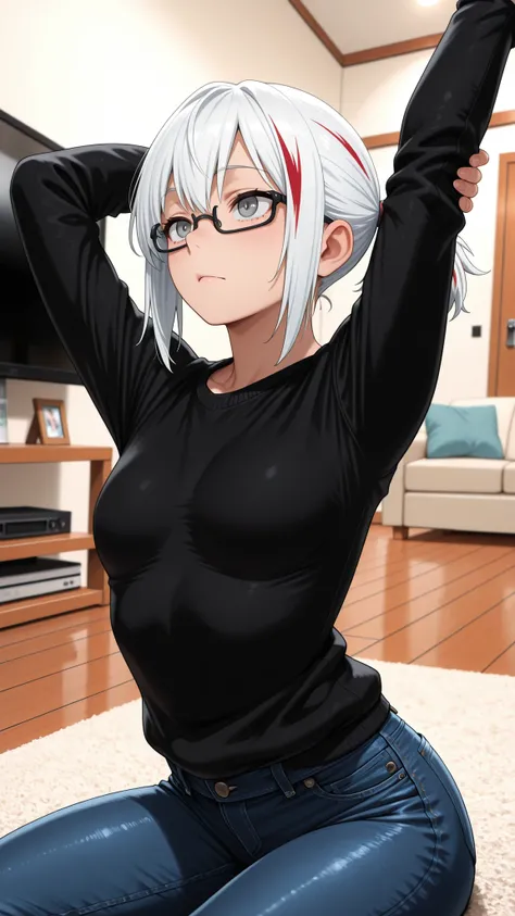 masterpiece, best quality, amazing quality, girl, depth of field, blurry foreground, stretching, white hair, streaked hair, red streaks, multicolored hair, black glasses, grey eyes, short ponytail, black sweater, jeans, shoji door, interior, living room, ...