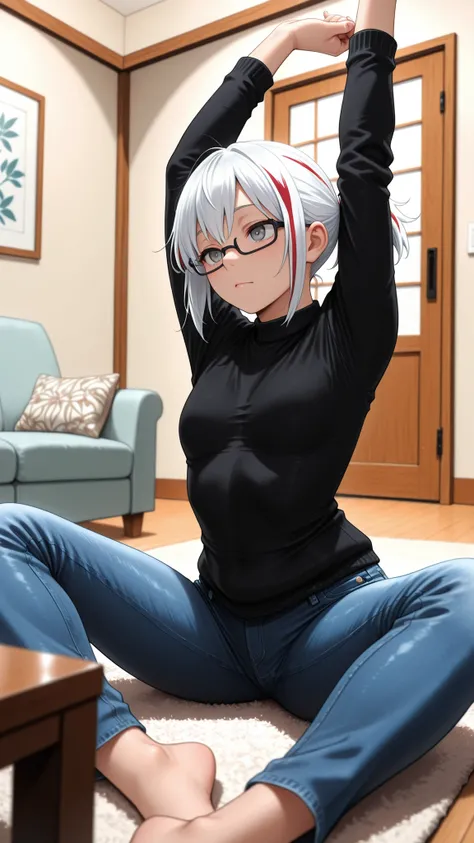 masterpiece, best quality, amazing quality, girl, depth of field, blurry foreground, stretching, white hair, streaked hair, red streaks, multicolored hair, black glasses, grey eyes, short ponytail, black sweater, jeans, shoji door, interior, living room, ...