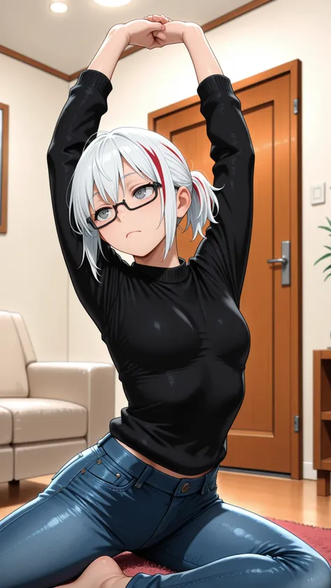 masterpiece, best quality, amazing quality, girl, depth of field, blurry foreground, stretching, white hair, streaked hair, red streaks, multicolored hair, black glasses, grey eyes, short ponytail, black sweater, jeans, shoji door, interior, living room, ...