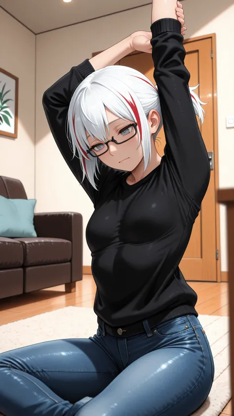 masterpiece, best quality, amazing quality, girl, depth of field, blurry foreground, stretching, white hair, streaked hair, red streaks, multicolored hair, black glasses, grey eyes, short ponytail, black sweater, jeans, shoji door, interior, living room, ...