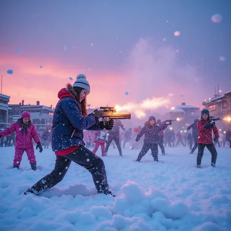 Winter twilight、An idol snowball fight battle on an illuminated snowy field、Holding a realistic pistol-shaped snowball launcher、Multiple idol groups jumbled together、Flying snow and cheers、Colorful winter uniforms with accents of team colors、Strategic hidi...