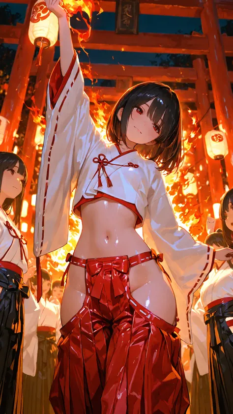 best quality, photography, finely detail, young shrine maiden, authentic miko attire, long black hair, white and red traditional outfit, extending arm forward to camera, direct eye contact, night time fire festival, dancing flames lighting her face from be...