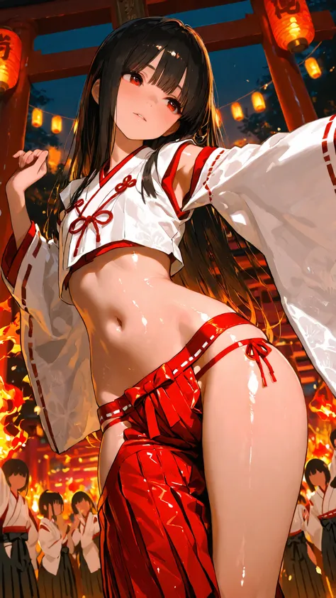best quality, photography, finely detail, young shrine maiden, authentic miko attire, long black hair, white and red traditional outfit, extending arm forward to camera, direct eye contact, night time fire festival, dancing flames lighting her face from be...