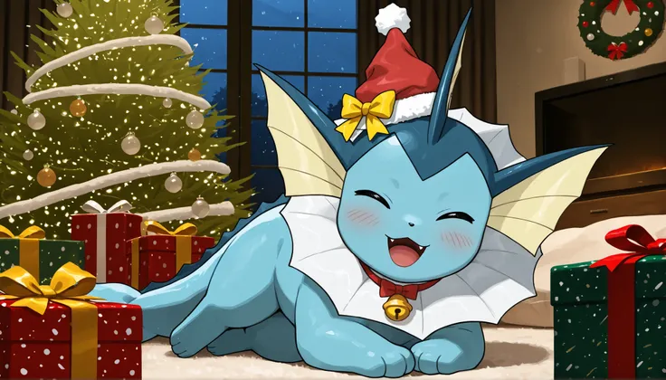 best quality,best resolution,Vaporeon,(young :1.2),pokemon,mini santa hat,yellow small bell ribbon collar,living room,romantic light,night,chistmas theme,christmas tree,christmas decorations,looking at viewer,plenty gift boxs,blush,smile,open mouth,fangs,c...