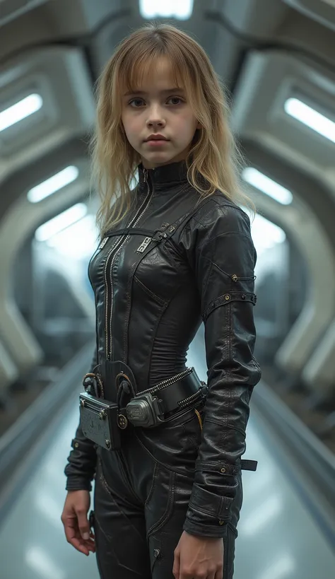 High-quality full-length photo of an eleven-year-old girl, in the image of a space fleet engineer, in a tight-fitting, thin and elastic, smaller than the equipment needs, made of super-thin high-tech material with transparent inserts all over the girl's bo...
