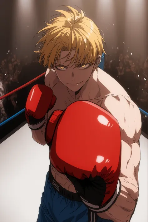 J (the boxer), cinematic portrait of score_9, score_8_up, score_7_up,
  boxy, looking at viewer, topless male, closed mouth, boxing gloves. 85mm lens, f/1.8, dramatic side lighting, moody atmosphere, yellow hair, yellow eyes , Athletic body, ripped, Thin s...