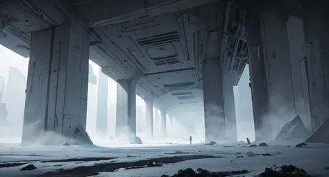 Ultra realistic cinematic sci-fi environment. Massive futuristic architecture fading into thick fog, soft atmospheric lighting, drifting snow or dust. Minimal, quiet, moody tone with large scale structures. Film-like softness, atmospheric haze, subtle dept...