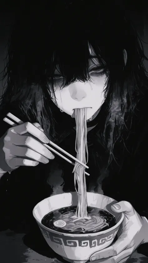 moody monochrome illustration, drenched dark atmosphere, close-up of a young girl with wet messy hair,A single tear, tired half-open eyes, heavy shadows around the eyes, subtle grunge texture overlay, detailed facial rendering, cold and desolate feeling, l...