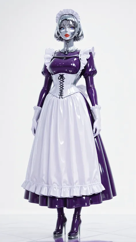 maniajuns, chrome skin,chrome face, black lenses, chrome short hair,blue eyes,red lips, happy,white NeckCorset, HW_Corset, standing, purple latex maid, gothic, frilly, ruffles, purple latex long skirt, Wide Skirt, big purple latex puffed sleeves, white lat...