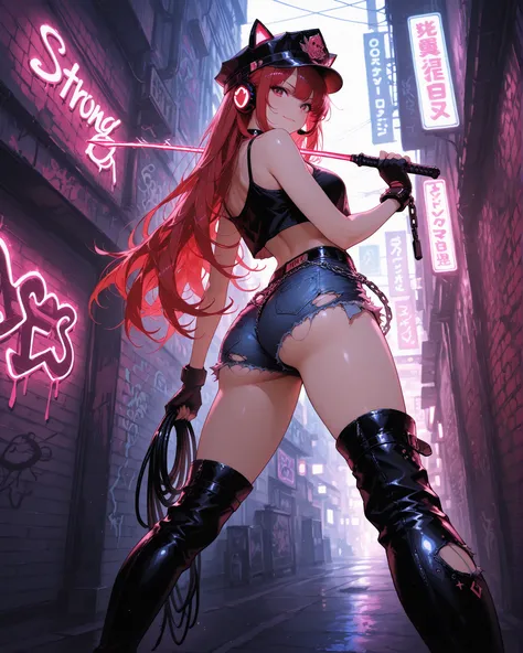 Low angle, (masterpiece, ultra detailed, anime-meets-realism, 4k),
a confident and attractive female character inspired by the Poison aesthetic, standing in a dynamic pose.
She has long hair red, purple yes, wearing cat ear headset, styled in a wild, edgy ...