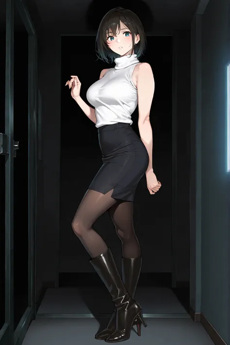 ((inspired by )),,( ((masterpiece)) , ((best quality)) , ((hyper detailed))) ,beautiful-woman, ((detailed face)),((detailed body)),(full body:1.3).
, 
,
1-woman,
The woman is wearing  sleeveless turtleneck sweater and pencil skirt with pantyhose ,((black k...