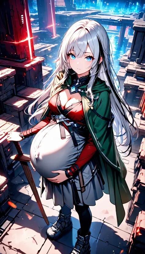 High Resolution, Best Quality, Super Detailed, Masterpiece, 4K, redstone city, night, 1girl, silver hair, long hair, straight hair, black streaks, unadorned hair, blue eyes, medium breasts, pregnant, large round heavy belly, green cloak, red top, grey skir...