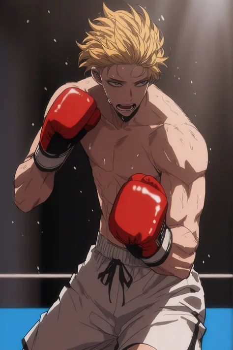 J (the boxer), cinematic portrait of score_9, score_8_up, score_7_up,
  boxy, His hair covers his eyes , topless male, mouth open, boxing gloves. 85mm lens, f/1.8, dramatic side lighting, moody atmosphere, yellow hair , Athletic body, ripped, panting,  sol...