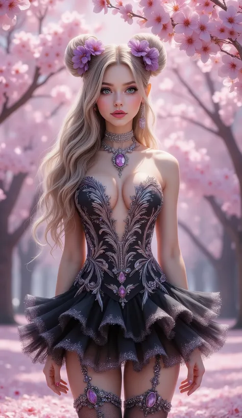 A young woman with fair skin and long, wavy auburn hair stands in a vibrant cherry blossom forest. Her hair is styled in two buns adorned with purple floral clips, and she wears an elaborate purple V-Cut strapless corset with intricate silver embellishment...