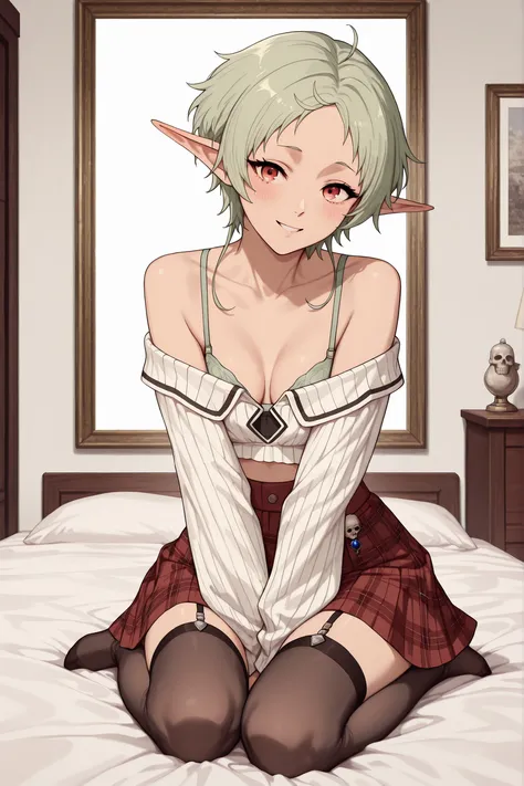 (has the best quality, masterpiece, ultra-detailed), portrait of Sylphiette from Mushoku Tensei, kneels or kneels on a pure white surface, vertical framing, you can see the upper body and hips, smiles happily with a bright and innocent expression, open and...