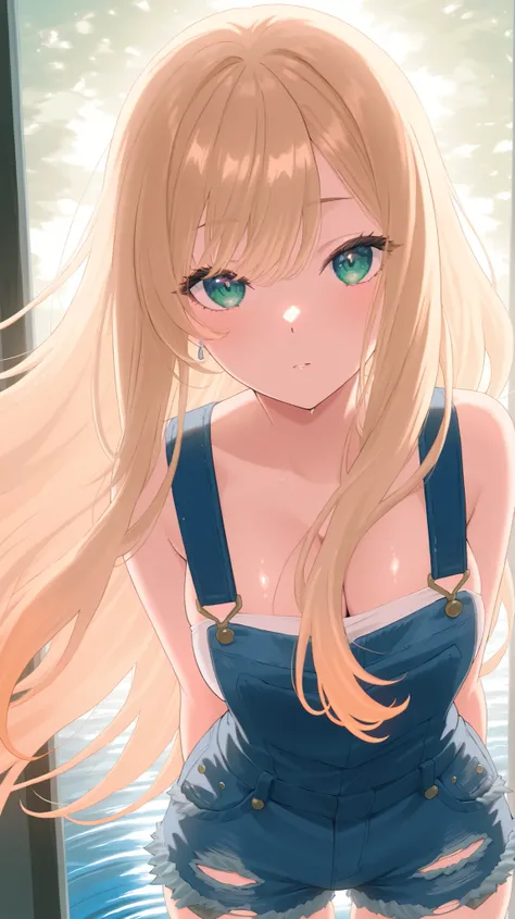 An girl bathes in a misty spring in the Tokyo, ripped denim overalls, denim shorts, her front turned, water rippling gently around her. punk hairstyle, white Her long hair clings to her damp skin. Rendered in a fantasy anime style, with soft backlighting t...