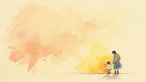 Two sets of crayon strokes gently echoing each other, one slightly larger and one smaller, suggesting a parent and child without showing figures, warm pastel tones, playful marks, gradual growth-like patterns, soft retro light, emotional and symbolic atmos...