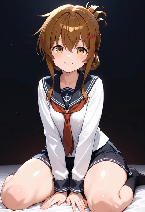 ,Inazuma \(kancolle\),Inazuma \(kancolle\), sailor uniform, long sleeves, red neckerchief, pleated black miniskirt, hairclip,thick thighs,looking at viewer,wariza,smile