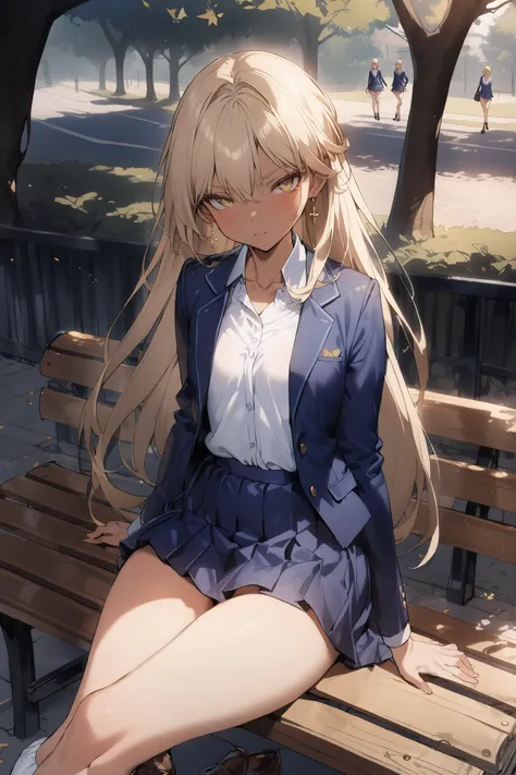 ((masterpiece,top quality:1.2)),(Super-resolution),(1gir),slender,((Female high school student sitting cross-legged on a park bench and staring at me during the day)),beautiful skin,(((healthy tanned skin))),(((thin thighs))),(((Long Golden Hair))),perfect...