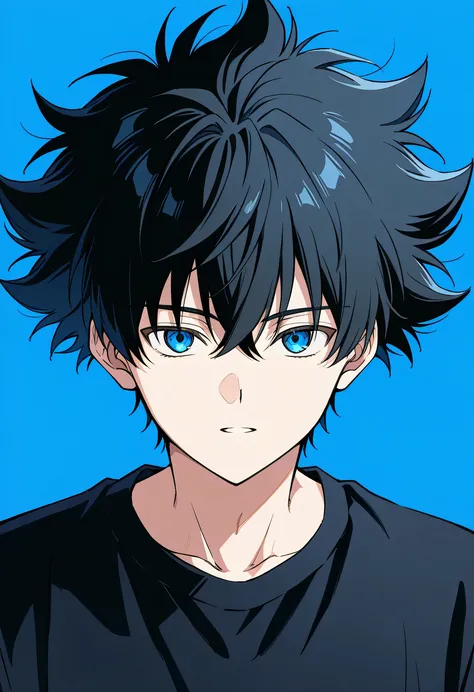 boy, blue eyes, black hair, spiky hair, fluffy hair, blue background, black tshirt