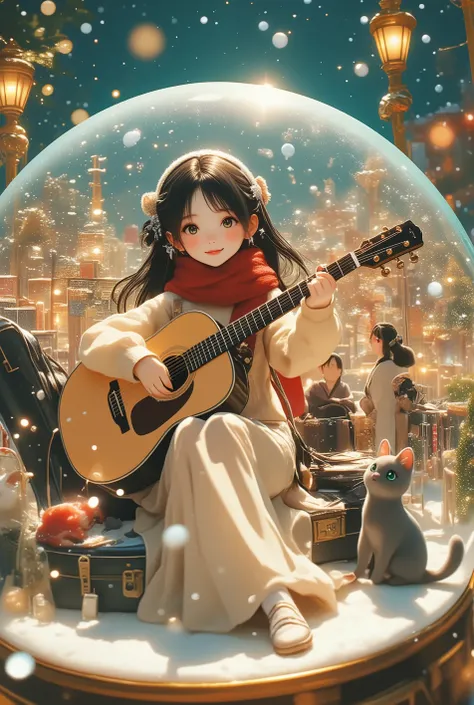 jiyeon_oc:1.2, ultra-detailed, high detail, best quality, masterpiece, detailed shadows, vivid colors, illustration, semi realism style, (snow globe:1.3), Christmas theme, 1girl, cute girl living inside the globe, long flowing black hair and a silver hair...