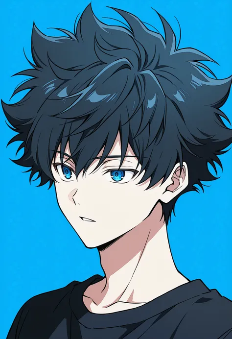 boy, blue eyes, black hair, spiky hair, fluffy hair, blue patterns in hair, blue background, black tshirt
