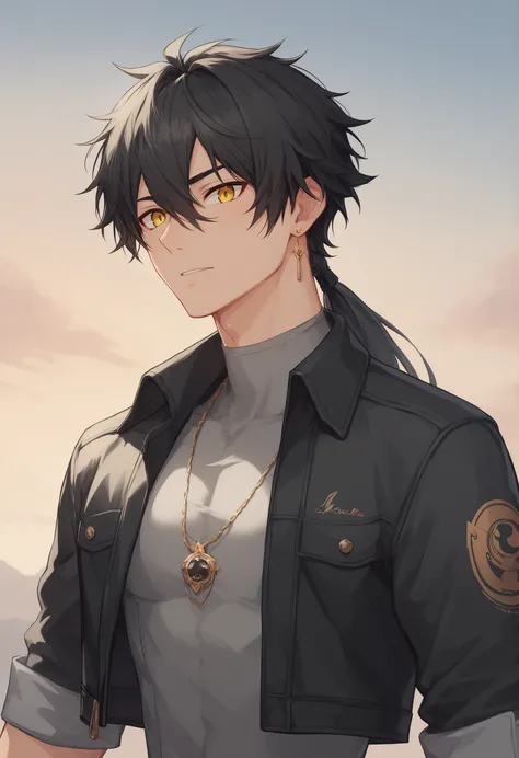 masterpiece, top quality, 
water, 1 boy, male focus, solo, yellow eyes, 黒い髪, Bang, hair between my eyes, long hair, low ponytail, ring hair extensions, jewelry, earrings on the back of the foot,necklace, shirt, grey shirt, jacket, black jacket, open jacket...