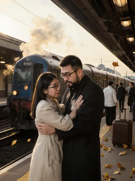 george pei, george bernard, mature Asian man, man in his 30s, Caesar haircut, rounded face, beard, short hair, beefy body type, glasses,  ultra-realistic, photorealistic, dramatic scene, global-illumination, emotional farewell at train station, tearful cou...