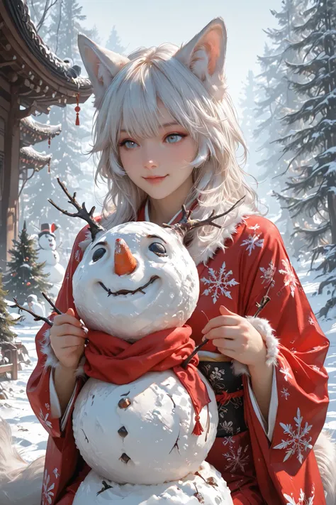 masterpiece, best quality, ultra detailed, illustration, 1girl, erwachsene Frau (20+), keine Tiermerkmale, without cat ears and without cat tail, cut to the knee, medium distance, elegant pose while building a snowman, bending gracefully, hands forming and...
