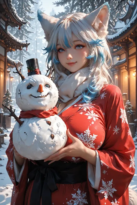 masterpiece, best quality, ultra detailed, illustration, 1girl, erwachsene Frau (20+), keine Tiermerkmale, without cat ears and without cat tail, sagging gigantic breasts, cut to the knee, medium distance, elegant pose while building a snowman, bending gra...