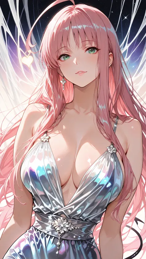 lala_satalin, green eyes, pink hair, long hair, demon tail,solo, mature woman, Tight waist、Small waist、shiny Skin , (upper body), sexy, (adult woman, 25+), score_9, score_8_up, score_7_up, source_anime,(extremely detailed CG), (best quality), Elegant woman...